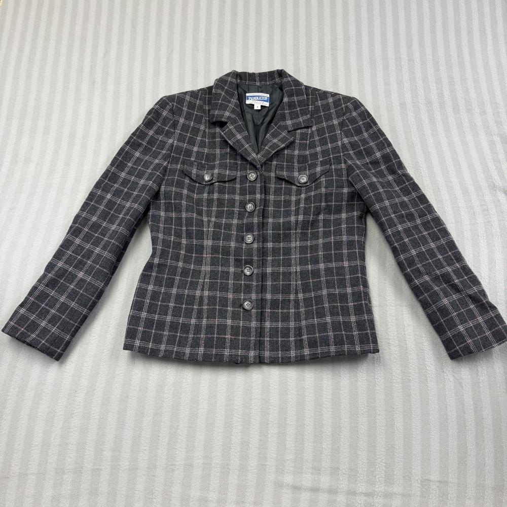 VTG Pendleton Blazer Womens 8 Petite Virgin Wool Windowpane Plaid Shoulder Pads